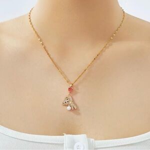 Gold Teddy Bear Red Heart Necklace.